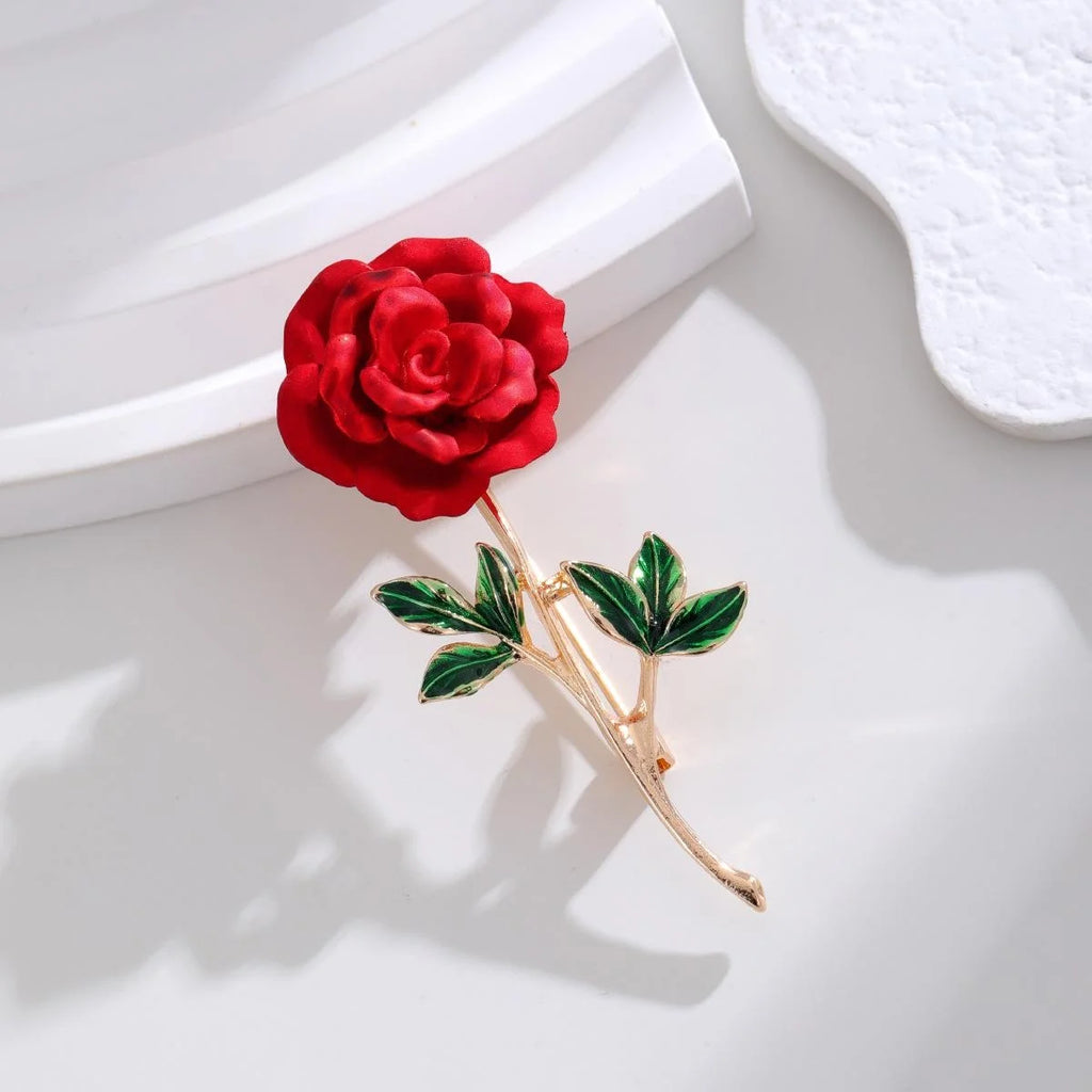 Elegant Red Rose Flower Brooch With Green Enamel Leaves, Alloy Floral Lapel Pin Corsage Suit Accessory