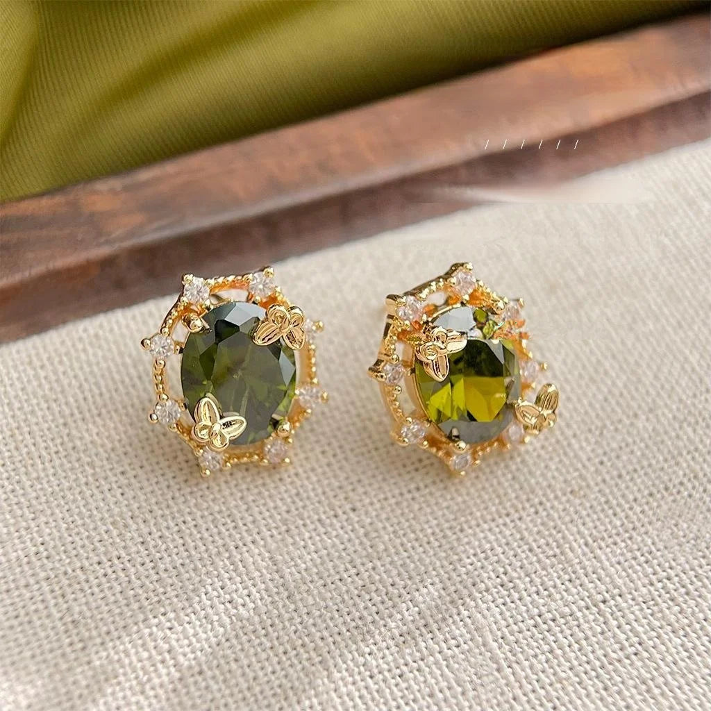 Forest Style Olive Green Zircon Butterfly Wreath 14K Plated Copper Stud Earrings