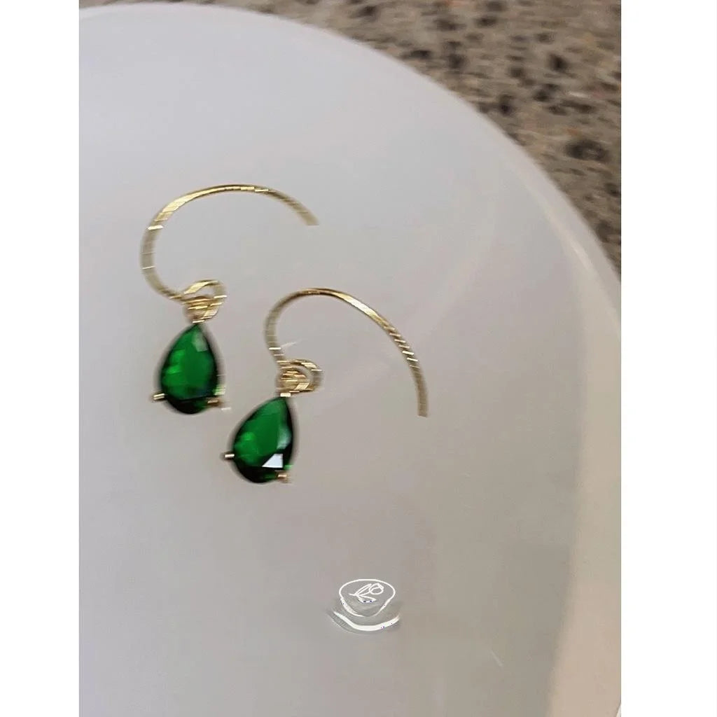 French Vintage Copper Emerald Zircon Teardrop Drop Earrings For Women