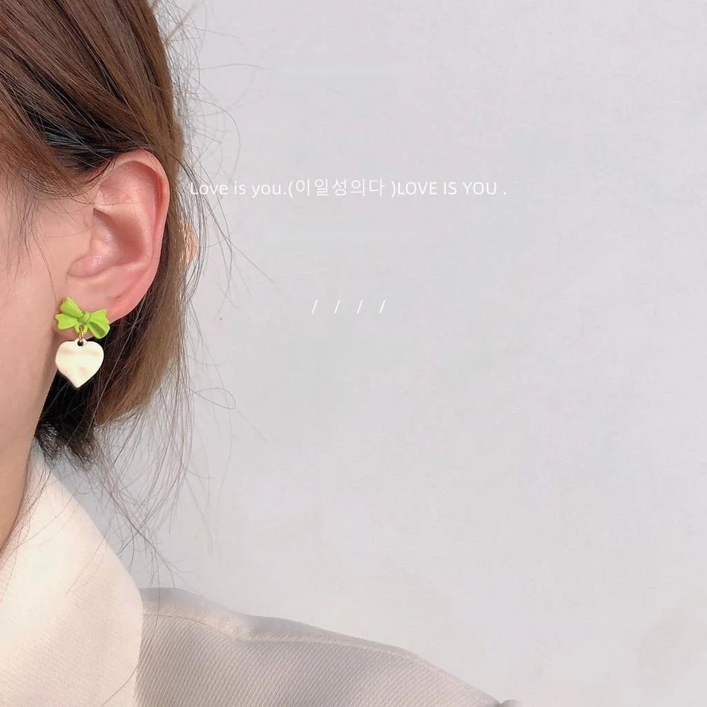 Avocado Green Enamel Bow Heart Stud Earrings Silver Plated Metal Style