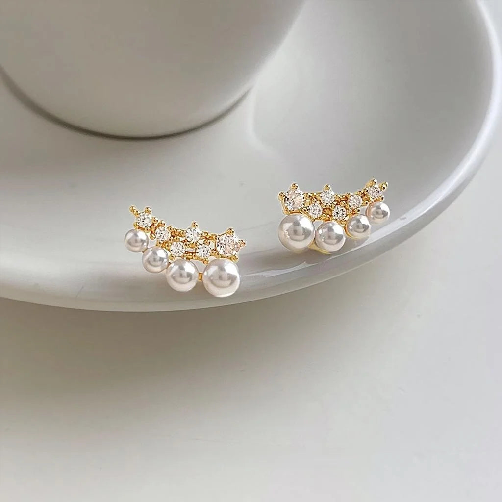 Light Luxury Copper Zircon Pearl Stud Earrings For Women Geometric Firework Ring Line Design
