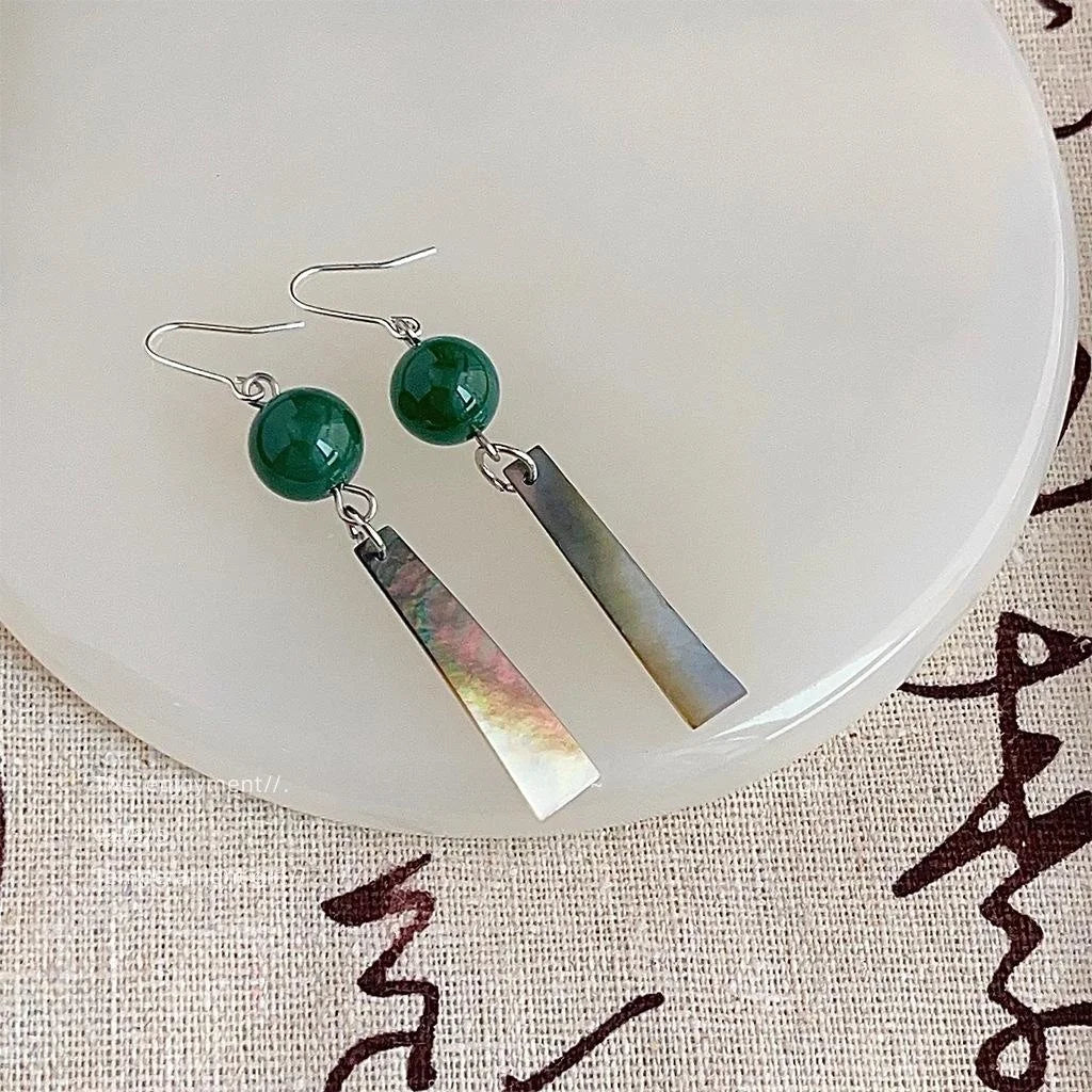 New Chinese Style Green Agate Shell Geometric Tassel Drop Earrings Handmade
