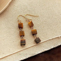 Handmade Vintage Tiger Eye Stone Irregular Geometric Square Tassel Drop Earrings
