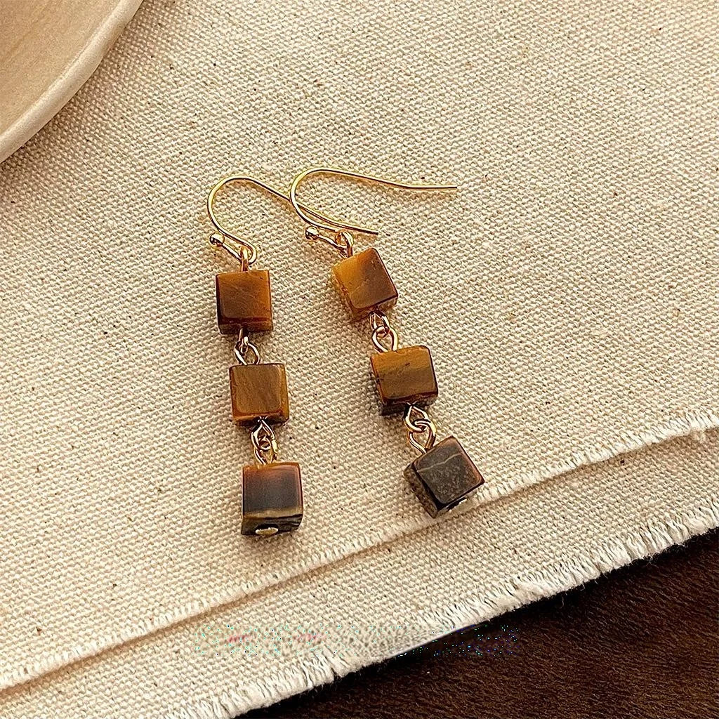 Handmade Vintage Tiger Eye Stone Irregular Geometric Square Tassel Drop Earrings