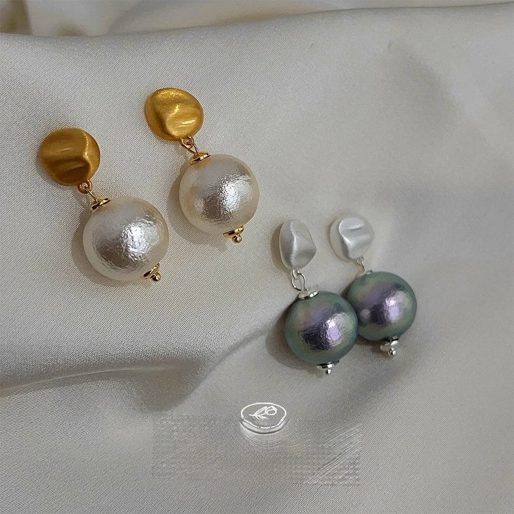 Cotton Pearl Brushed Texture Geometric Round Drop Earrings For Women Light Luxury Fashion