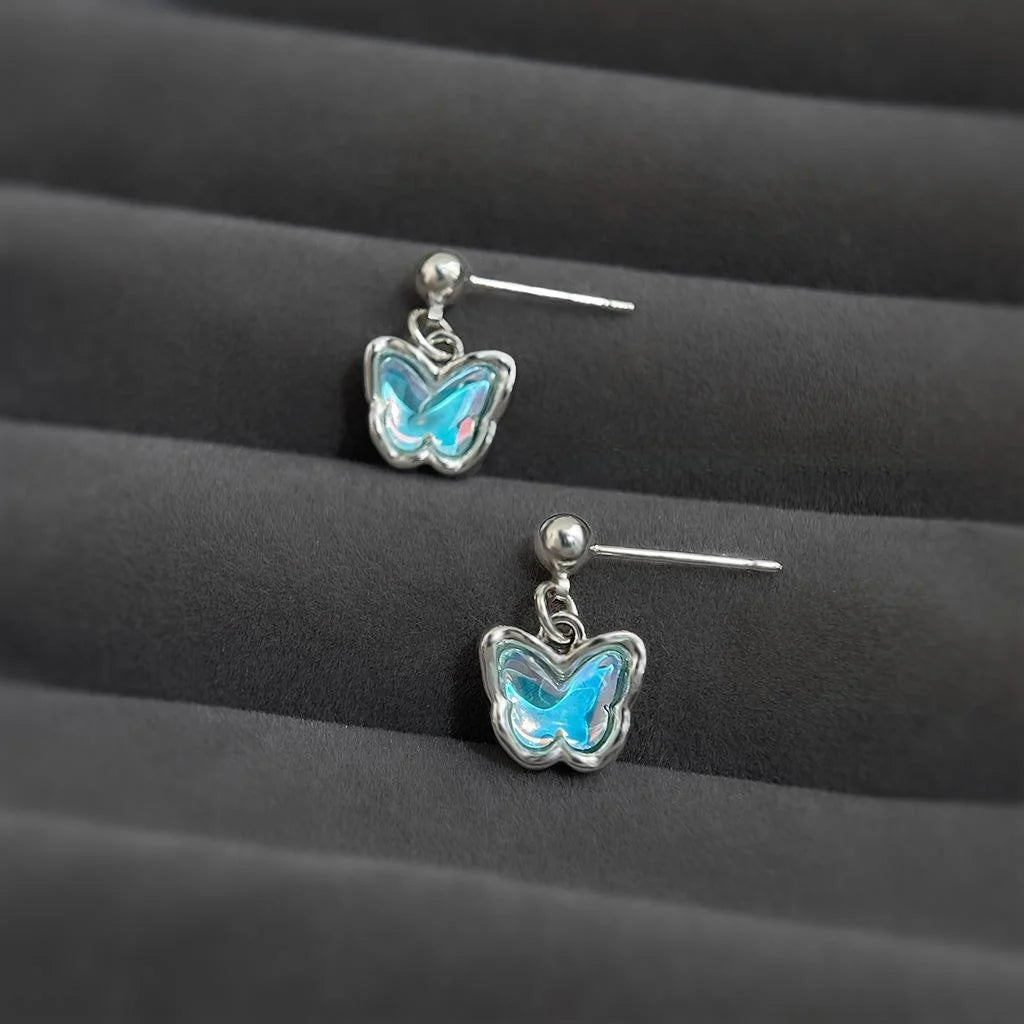 Gradient Blue Butterfly Drop Earrings Copper Silver-Plated Pin Sweet Summer Fairy Style Jewelry