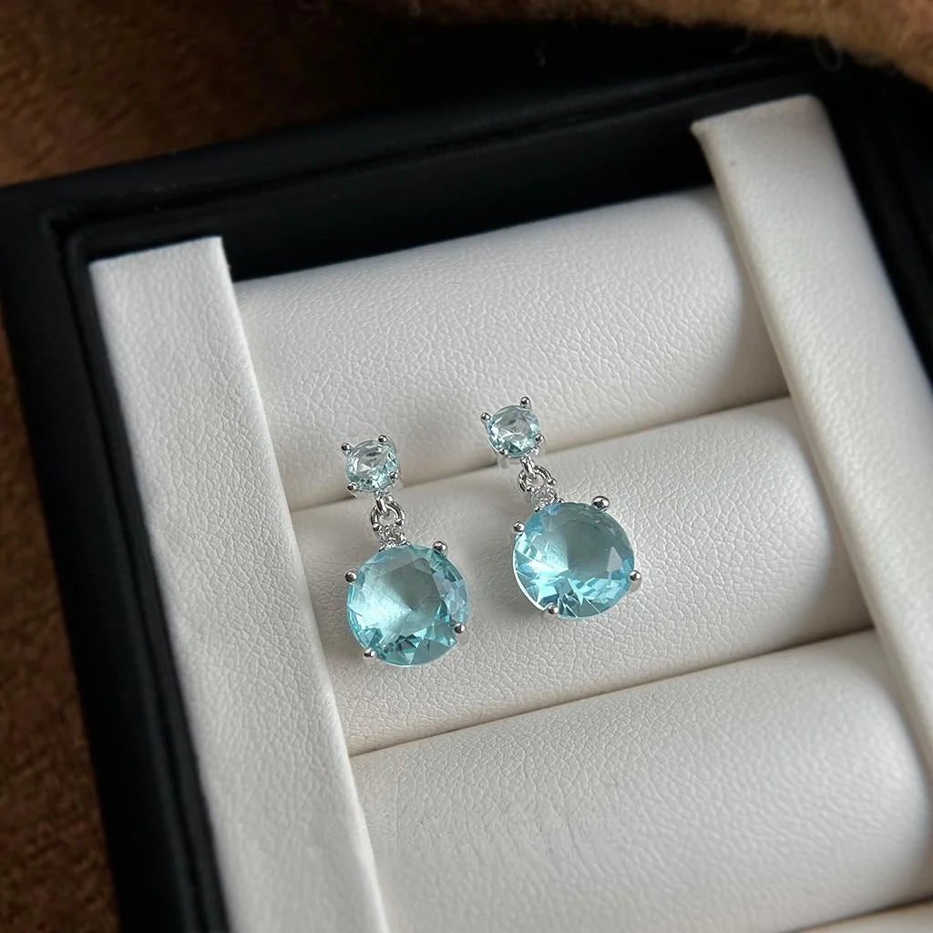 Aqua Blue Geometric Tassel Drop Earrings With Zircon Copper