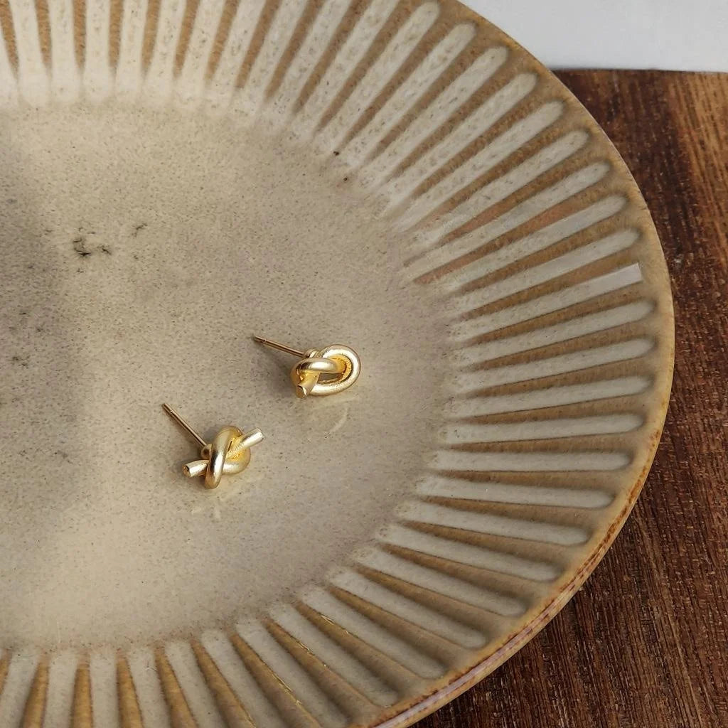 14K Gold Plated Copper Knot Stud Earrings For Women Minimalist Mini Geometric Korean Style