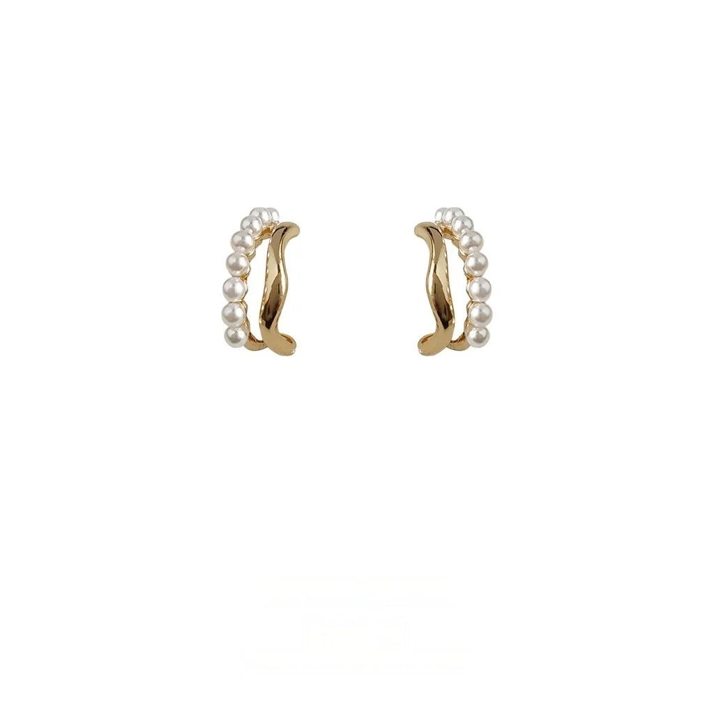 14K Gold Plated Geometric Round Pearl Stud Earrings, Elegant Style