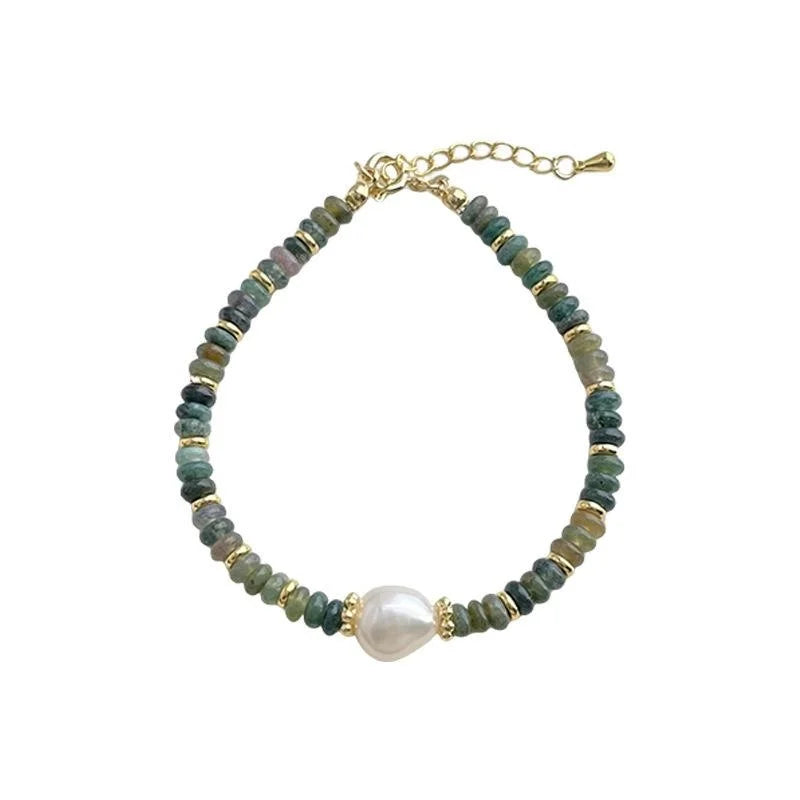 Natural Stone Indian Agate Freshwater Pearl Handmade Ethnic Vintage Geometric Bracelet