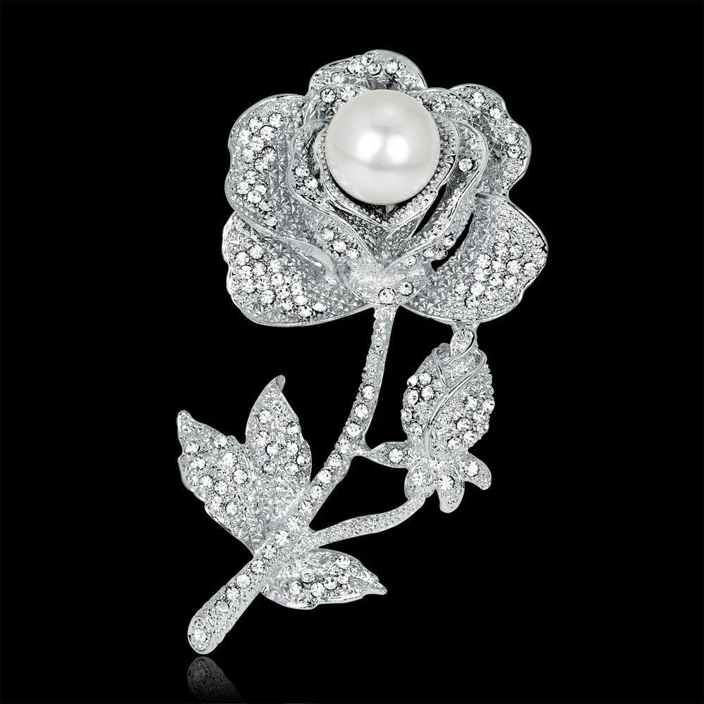 Elegant Rhinestone Rose Flower Brooch With White Pearl, Alloy Lapel Pin Corsage Suit Accessory Gift