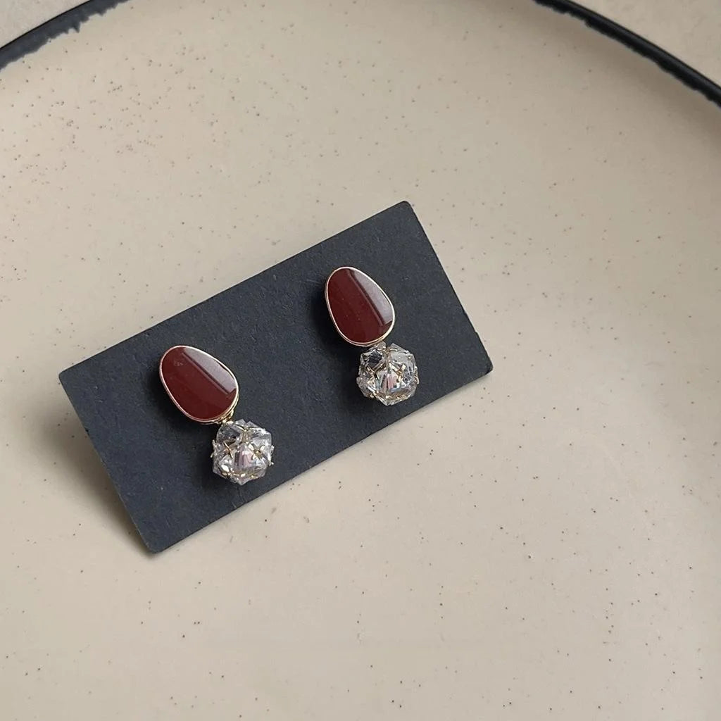 Hong Kong Style Vintage Burgundy Copper Silver Plated Floral Double Hoop Drop Earrings