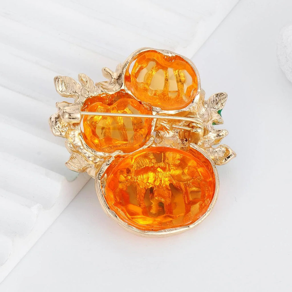 Elegant Enamel Pumpkin And Leaf Rhinestone Brooch, Gold Tone Alloy Halloween Lapel Pin Corsage Gift
