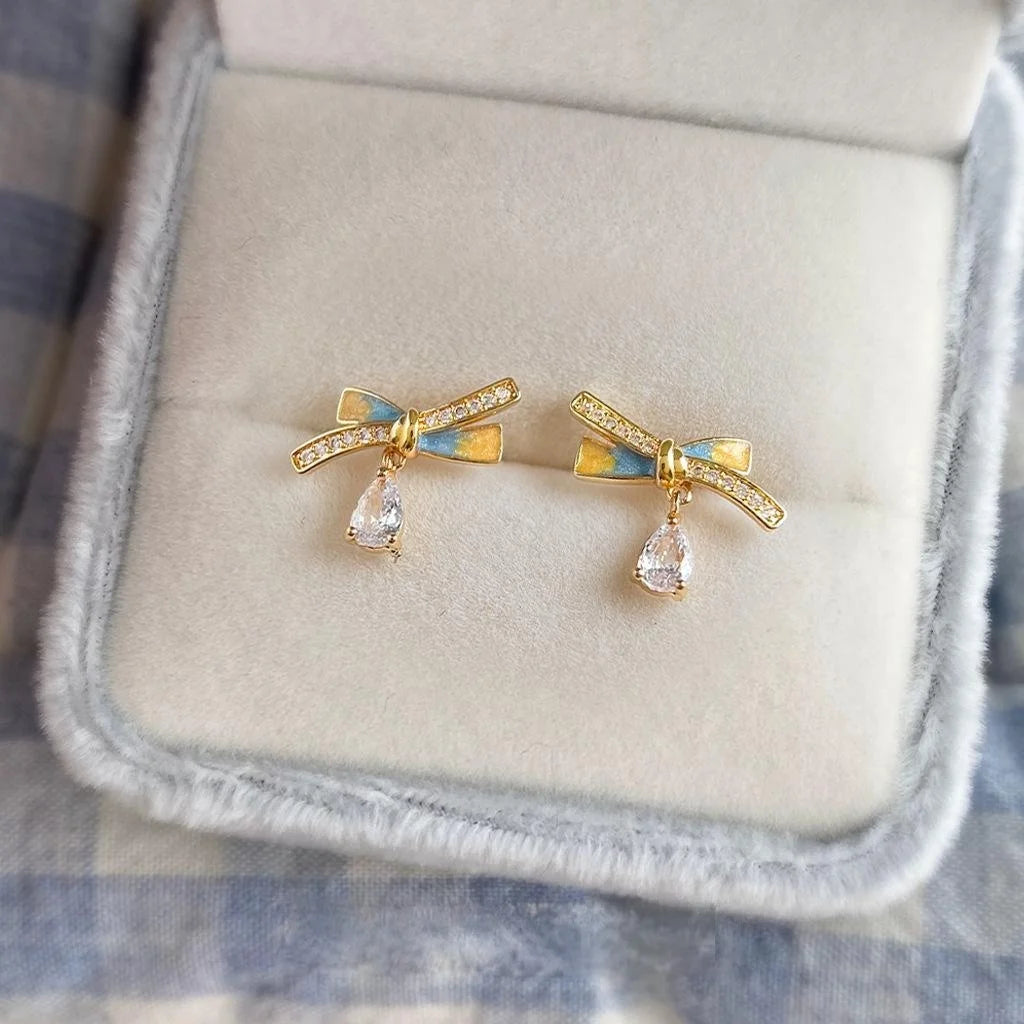 Cream Sweet Style Bow Stud Earrings 14K Plated Copper Zircon Micro Pave Enamel For Women