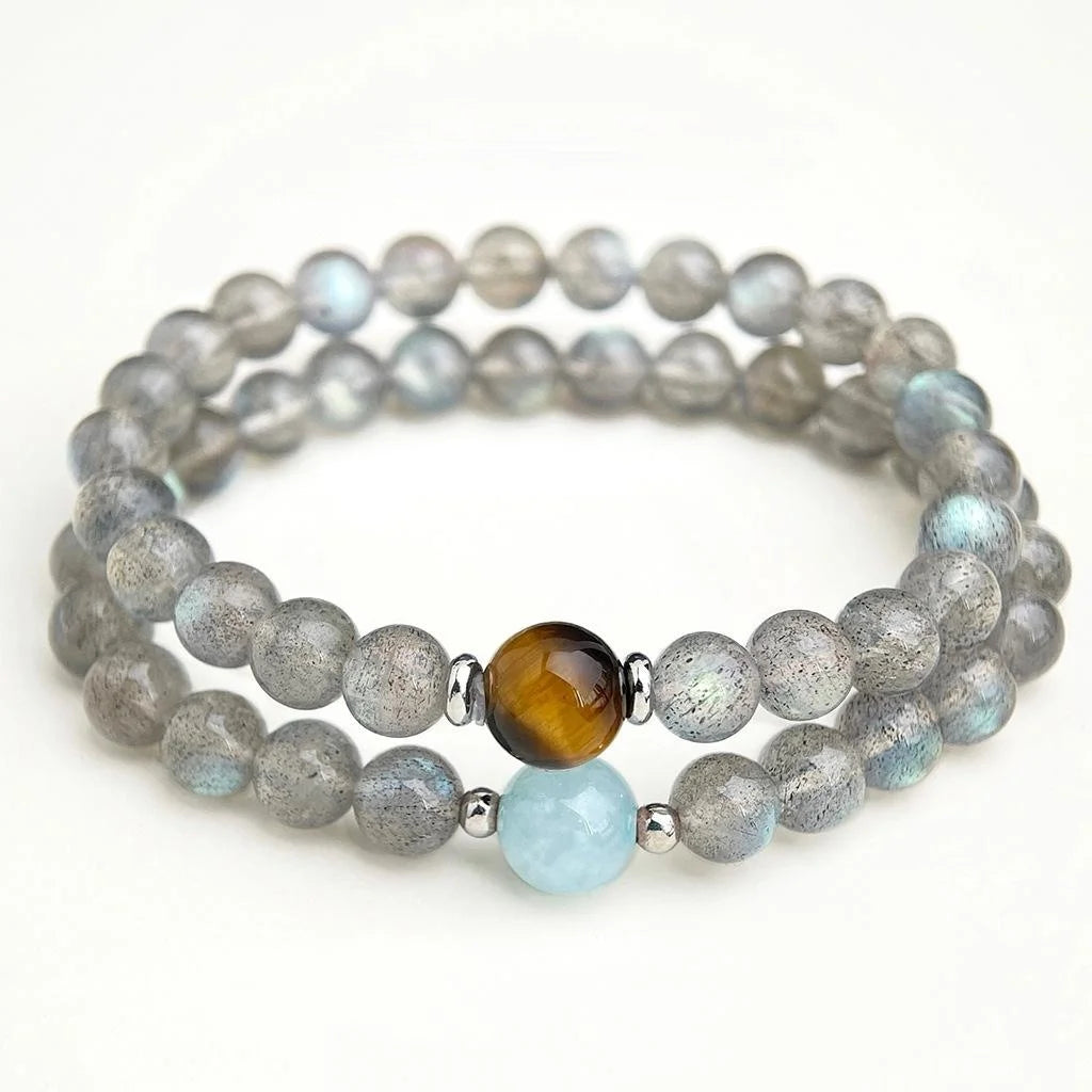 A++ Blue Moonstone Natural Stone Crystal Bracelet With Tiger Eye Aquamarine New Chinese Geometric Design