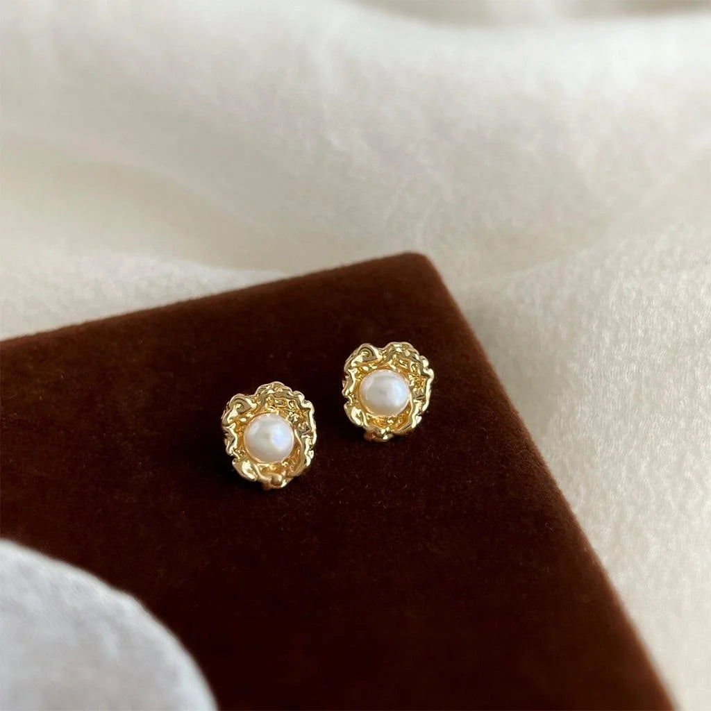 14K Plated Copper Freshwater Pearl Stud Earrings Irregular Geometric Minimalist Luxury Jewelry