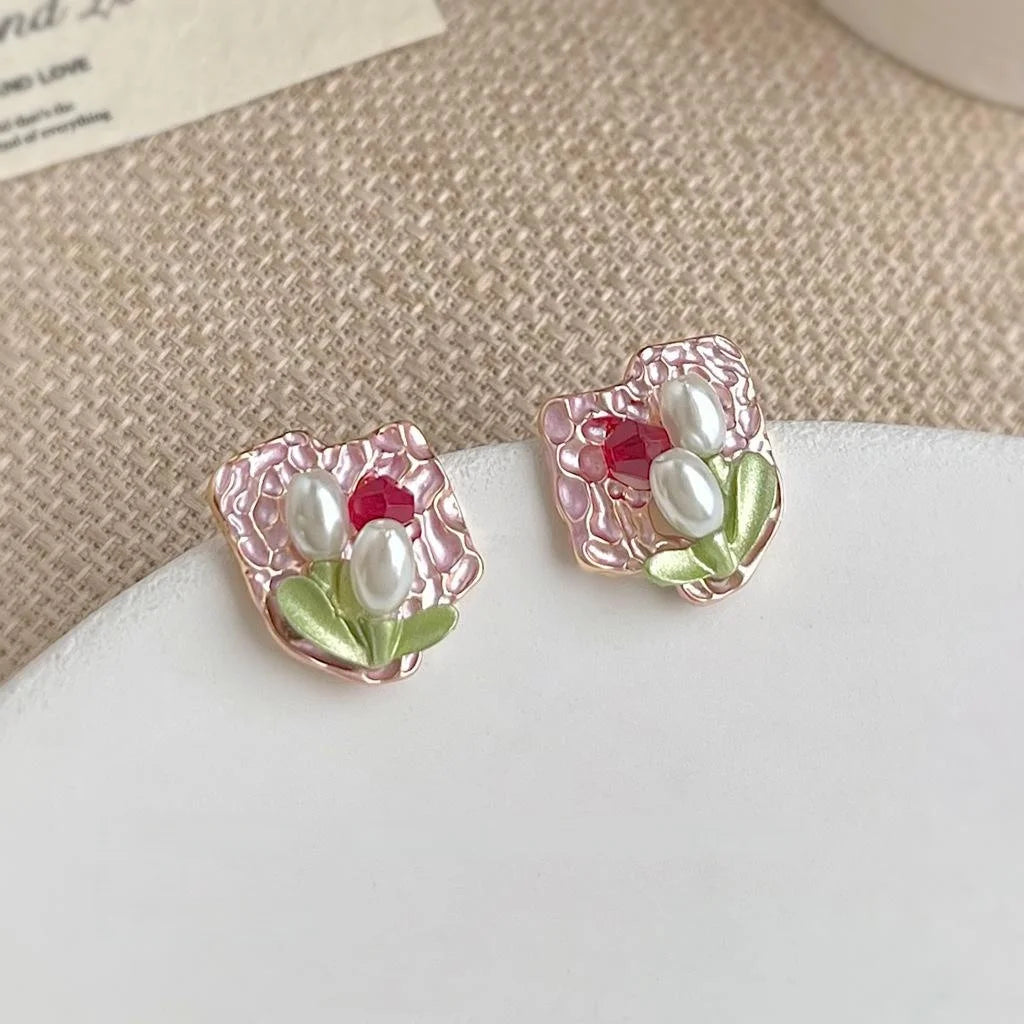 Monet Garden French Vintage Tulip Flower Stud Earrings With Pearl And Glass Crystal