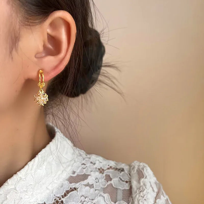 Luxury Spiral Disc Zircon Drop Stud & Clip On No Piercing Gold Alloy Sparkling Ball Dangle Earrings
