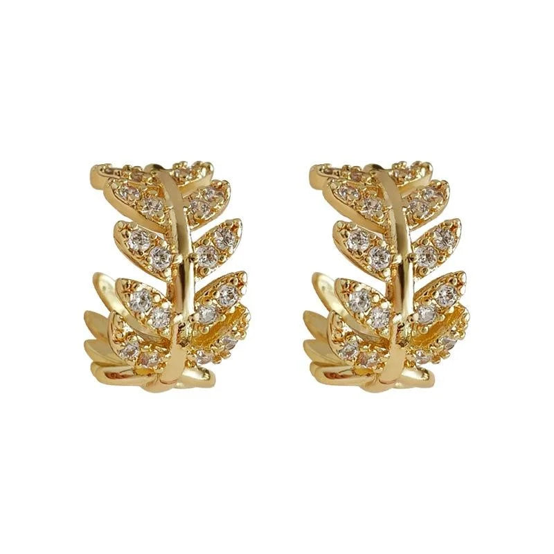 14K Gold Plated Copper Wheat Ear Micro Pave Zircon Stud Earrings Elegant Geometric Jewelry
