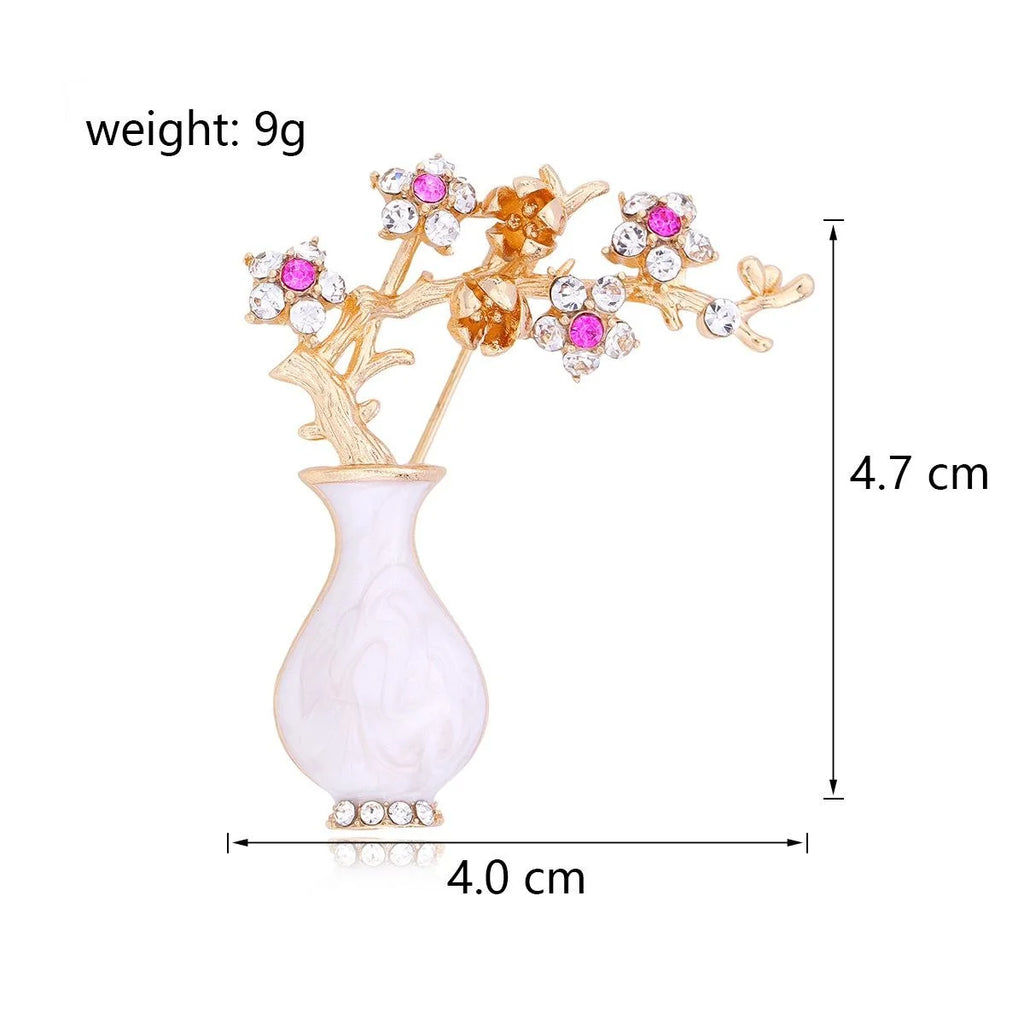 Vintage Plum Blossom Vase Brooch With Rhinestone And Mother Of Pearl, Elegant Floral Lapel Pin Gift