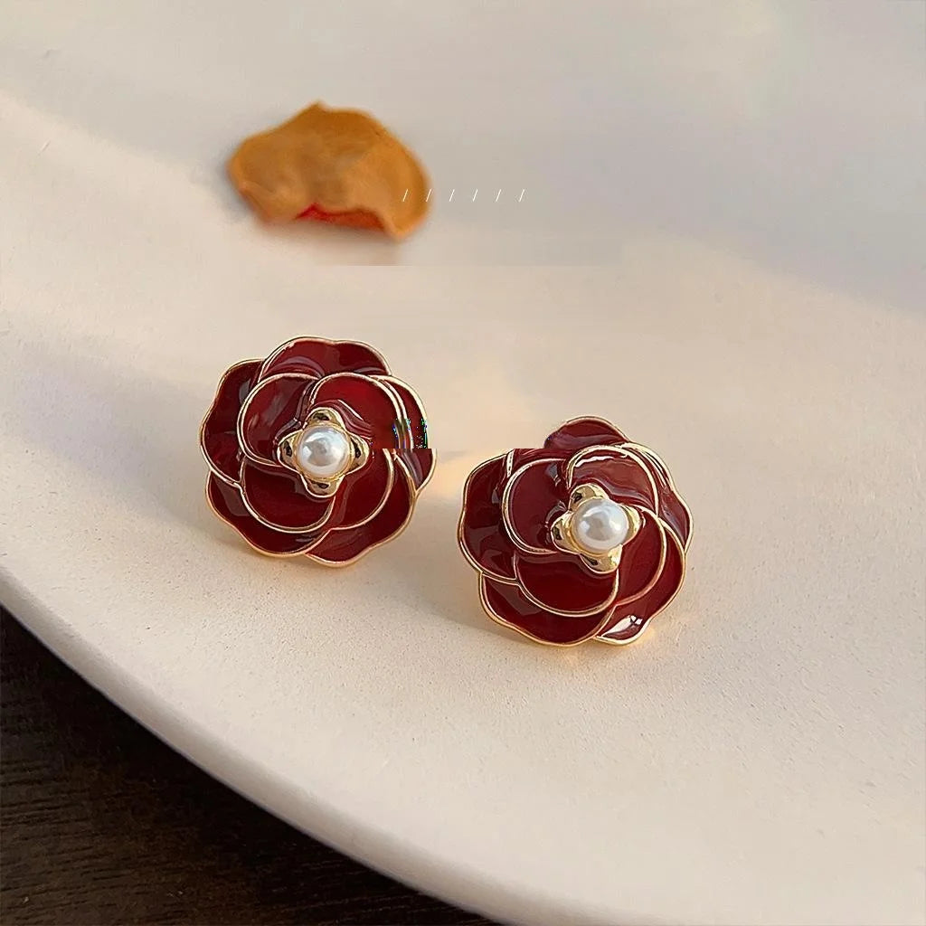 Hong Kong Style Vintage Burgundy Enamel Flower 14K Gold Plated Copper Stud Earrings