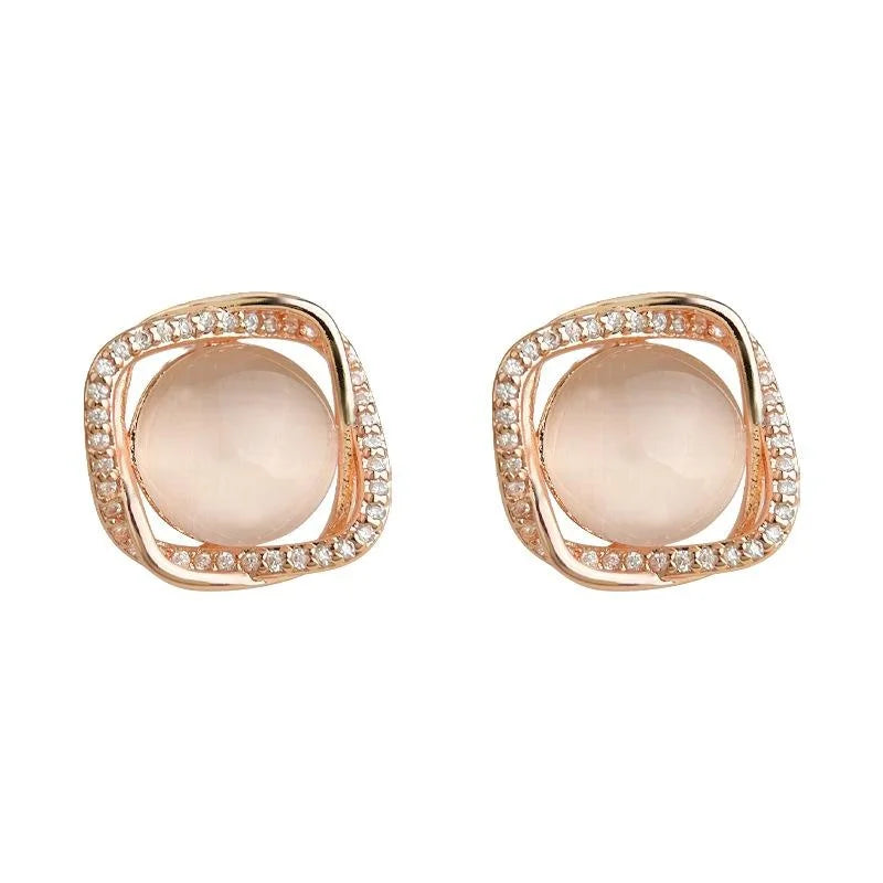 Copper Rose Gold Plated Geometric Square Stud Earrings With Zircon Glass Cat Eye Stone