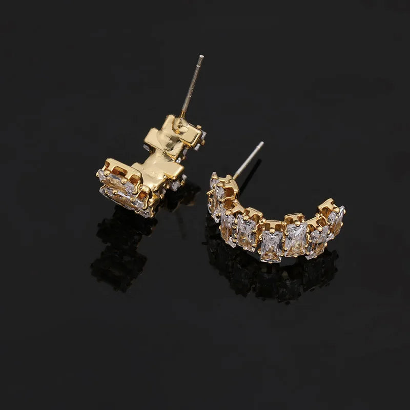 Elegant Square Zircon Spiral Cuff Hoop Stud & Clip On No Piercing Silver Needle Women's Earrings