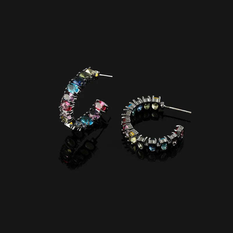 Vintage Rainbow Zircon Hoop Stud & Clip On No Piercing Spiral Alloy Ear Cuff Luxury Earrings