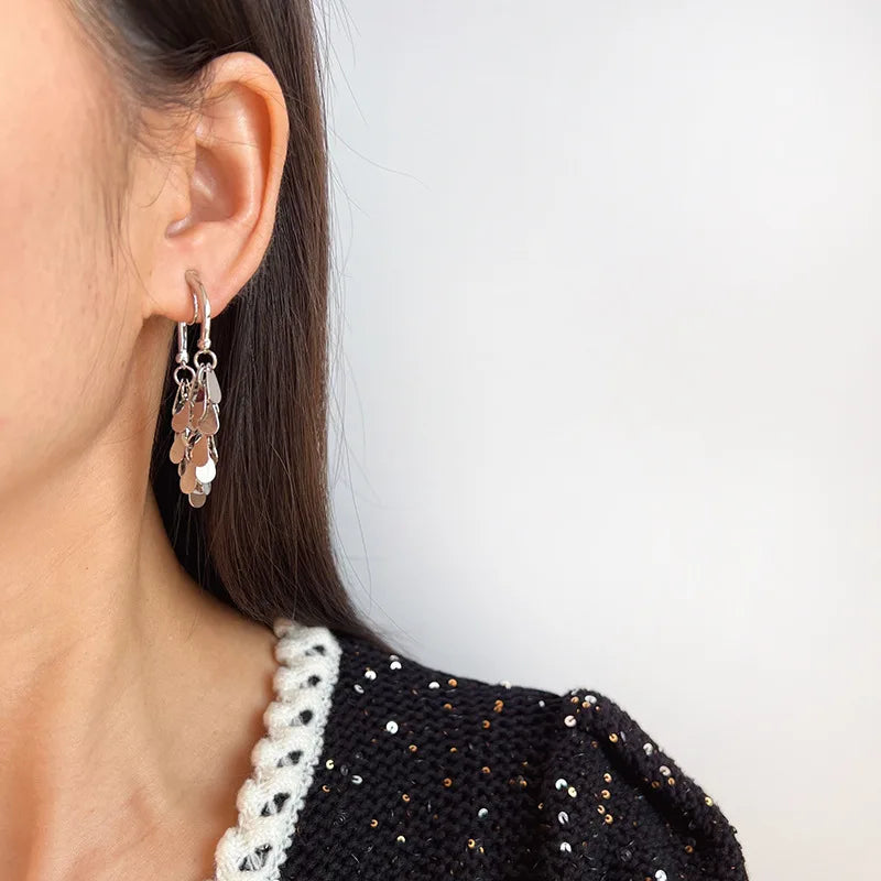 Luxury Wheat Tassel Alloy Sequin Hoop Stud & Clip On No Piercing Face Slimming Drop Earrings