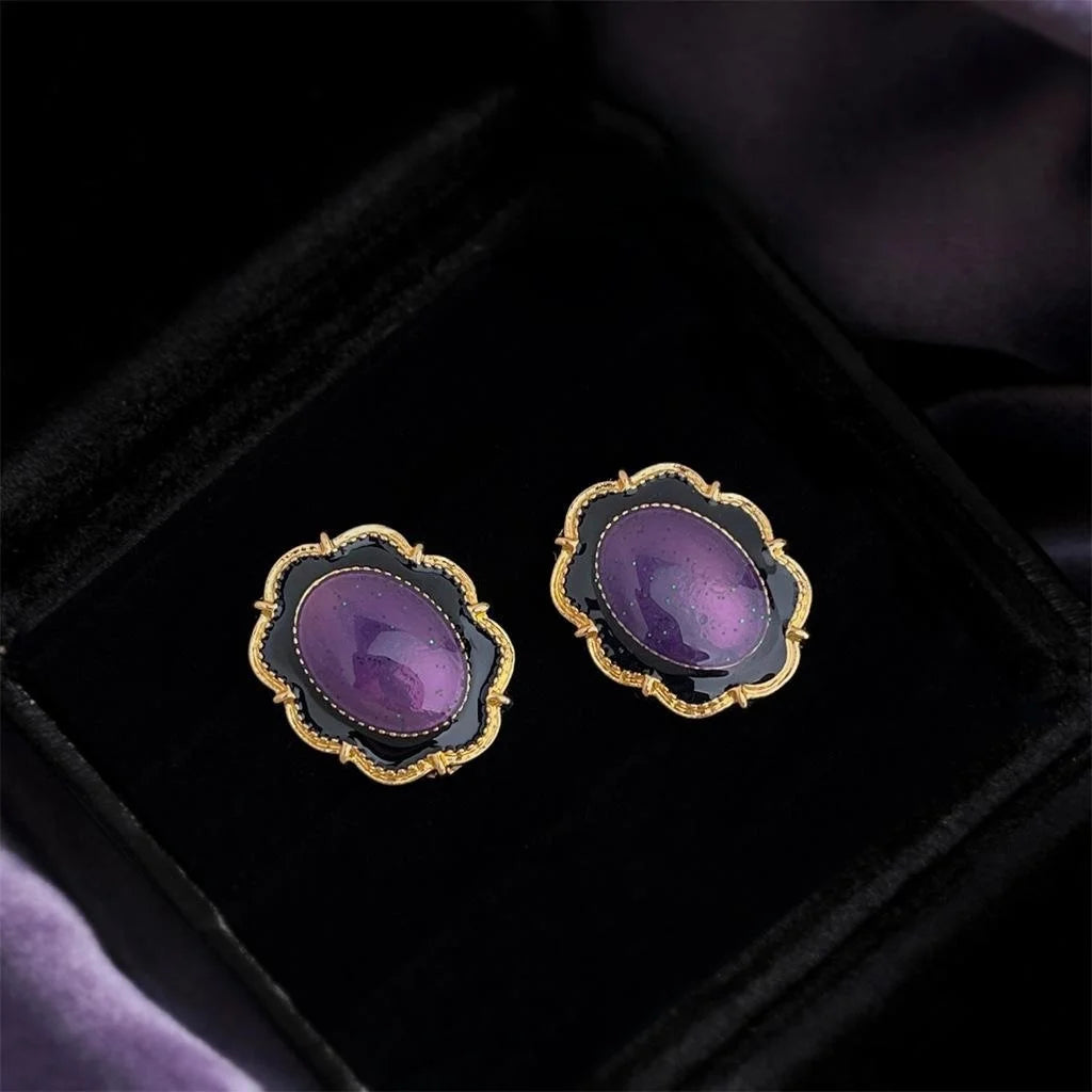 Vintage Purple 14K Plated Enamel Oval Floral Lace Drop Earrings