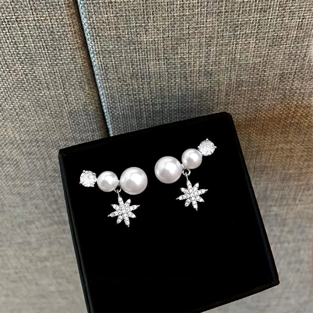 2025 Luxury Geometric Eight Point Star Micro Pave Zircon Copper Stud Earrings, Silver Plated