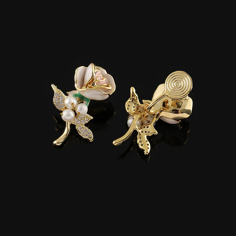 Vintage Elegant Luxury Enamel Rose Flower Pearl Rhinestone Stud & Clip On No Piercing Earrings