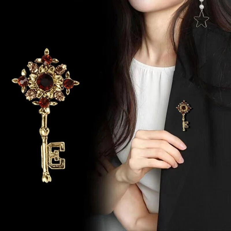 Vintage Gold Alloy Key Brooch With Red Rhinestone Flower, Elegant Women's Lapel Pin Suit Accessory Gift