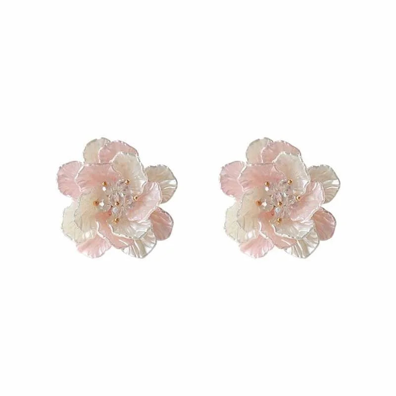 Cute Pink Acrylic 3D Flower Petal Stud Earrings With Silver Plated Pins For Street Style