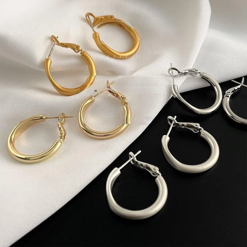 Premium Minimalist Copper Hoop Earrings Glossy Matte Geometric Korean French Style For Women