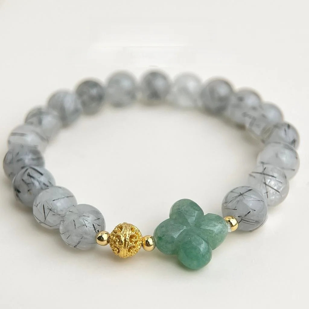 Vintage Ethnic Natural Stone Black Rutilated Quartz Aventurine Crystal Beaded Bracelet