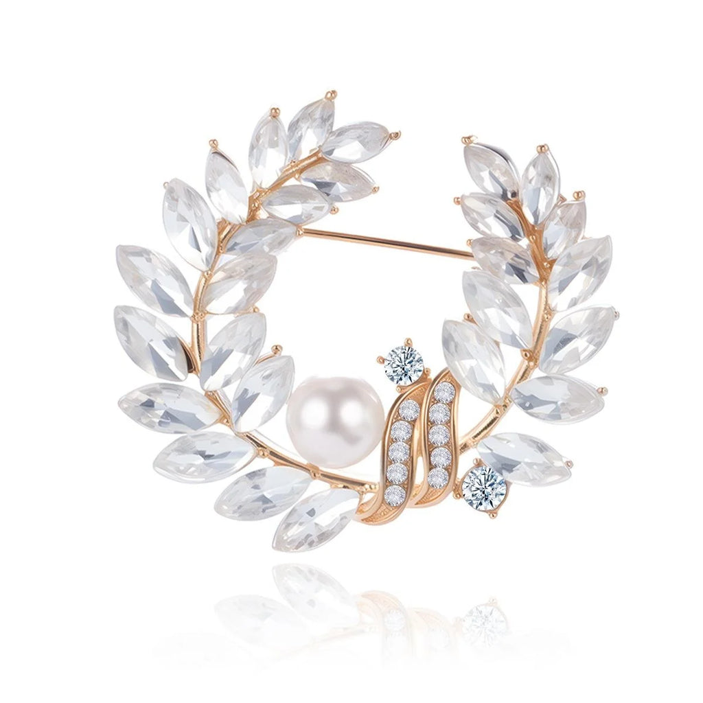 Elegant Pearl Leaf Wreath Brooch For Women Copper Zircon Rhinestone Lapel Pin Suit Corsage Gift