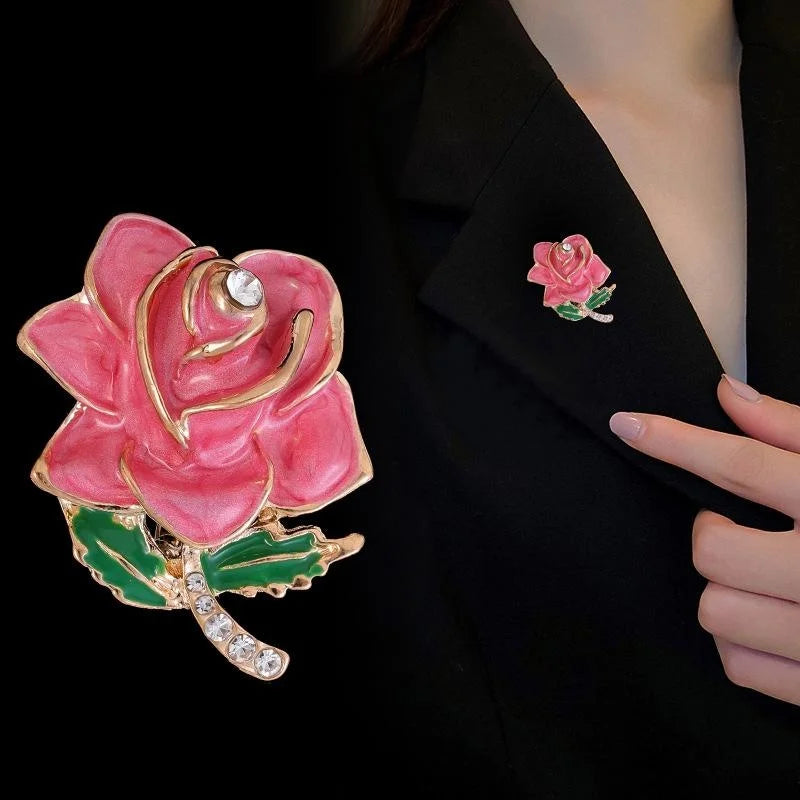 Elegant Pink Enamel Rose Flower Alloy Rhinestone Brooch, Luxury Floral Lapel Pin Corsage Gift