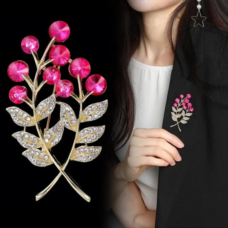 Luxury Money Tree Plant Brooch With Pink Rhinestone Berries, Gold Alloy Leaf Lapel Pin Corsage Gift