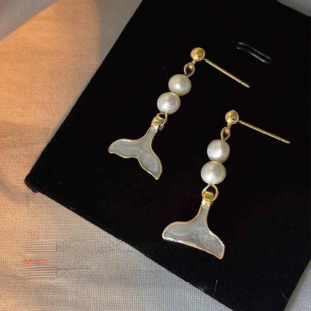 14K Gold Plated Freshwater Pearl Fishbone Stud Earrings Handmade Geometric Style Jewelry
