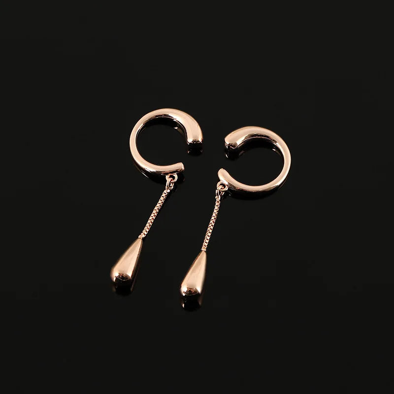 Elegant Alloy Ear Cuff Chain Tassel Water Drop Stud & Clip On No Piercing Long Dangle Earrings