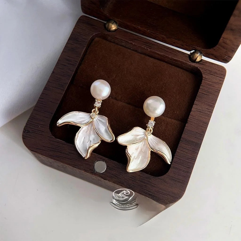 14K Gold Plated Copper Freshwater Pearl Micro Pave Zircon Iris Flower Sweet Drop Earrings