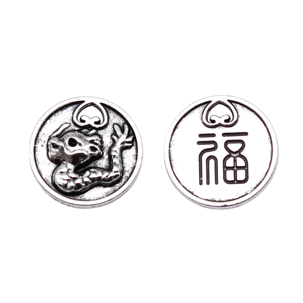 15x15mm 1.3g Antique Silver Zinc Alloy Dragon Fu Charm Pendant for DIY Chinese Style Jewelry Making
