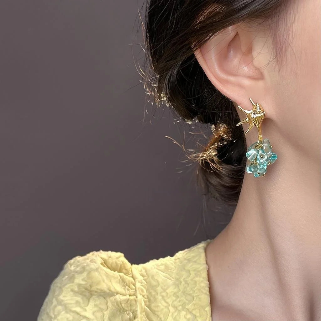 Ocean Style Copper Aquamarine Glass Conch Geometric Drop Earrings For Beach Vacation