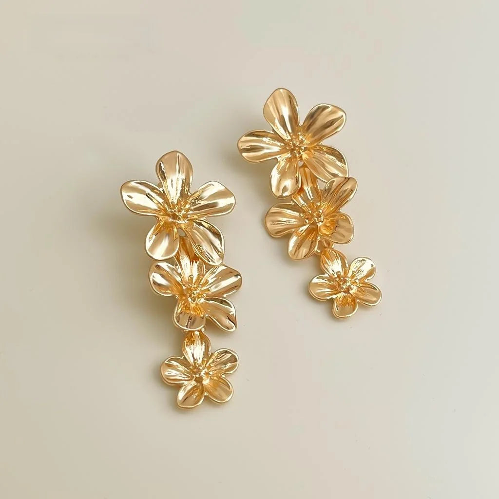 Vintage Style Copper Flower Petal Long Drop Earrings Statement Fashion Jewelry