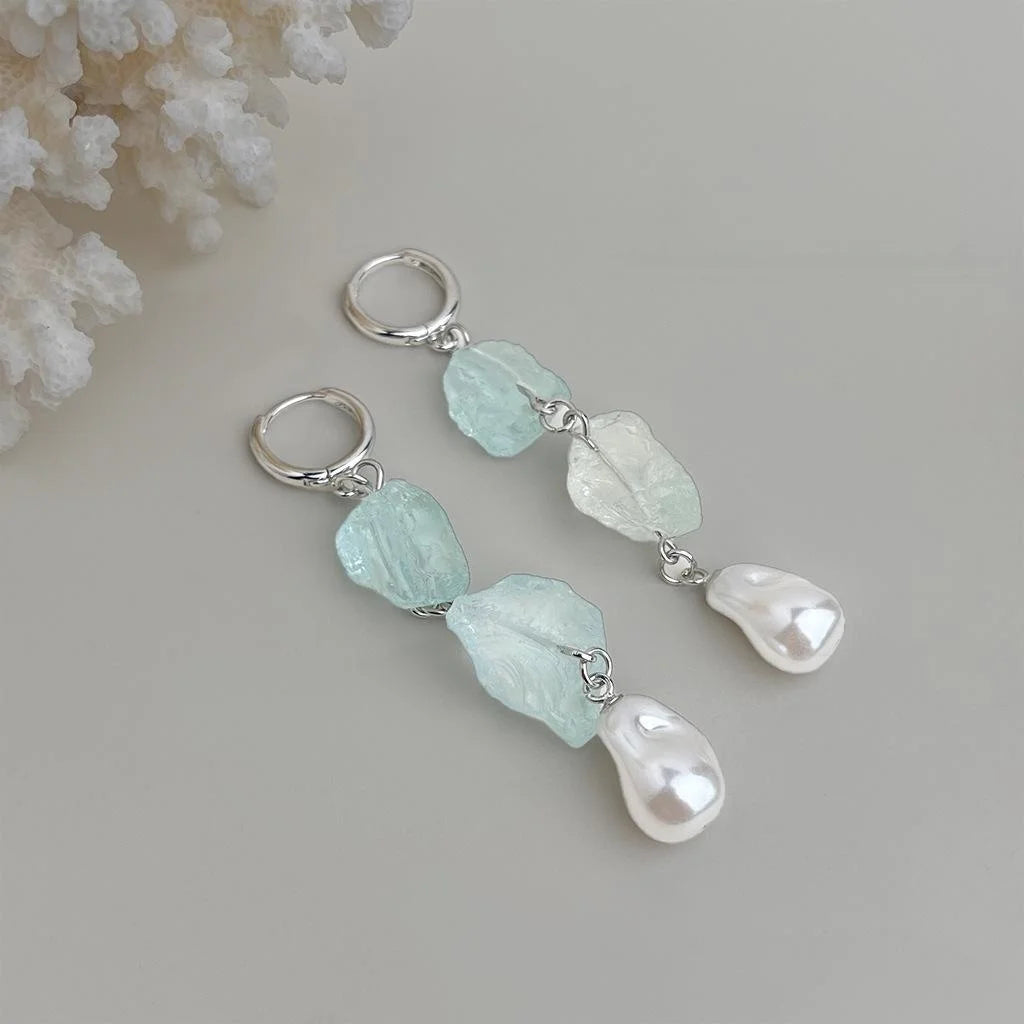 Fresh Elegant Handmade Blue Crystal Natural Stone Geometric Copper Drop Earrings For Women