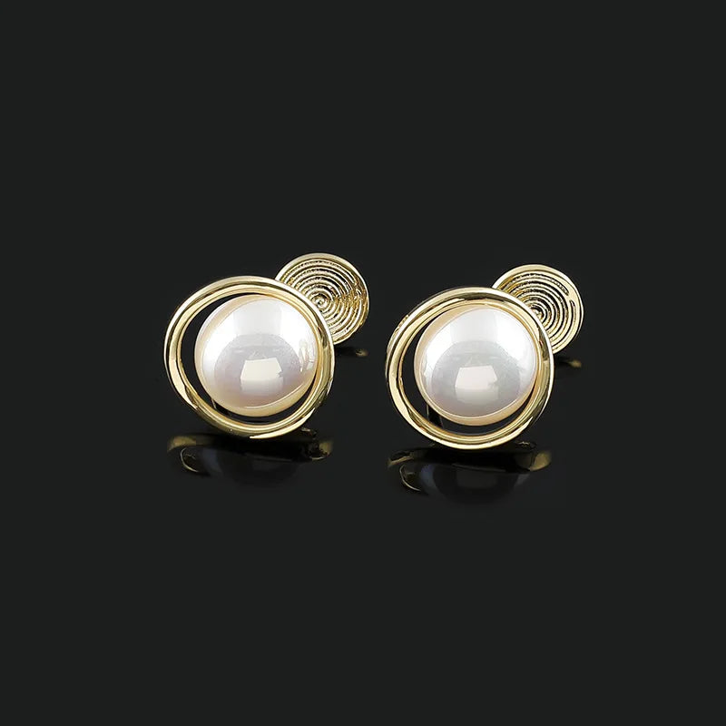 Elegant Mabe Pearl Spiral Disc Alloy Stud & Clip On No Piercing Commuter Minimalist Earrings