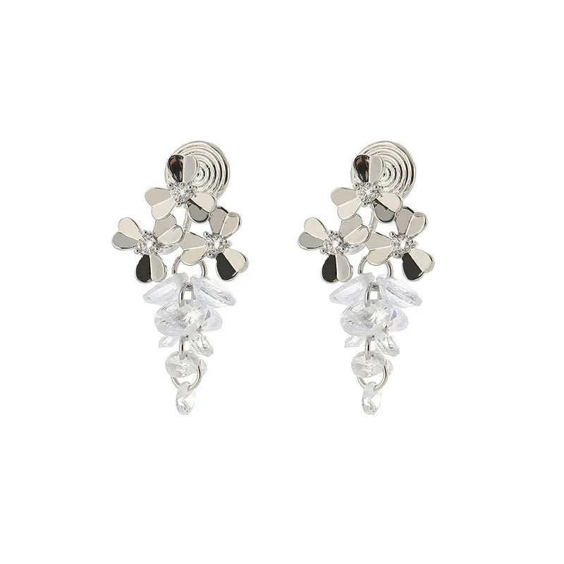 Elegant Zircon Crystal Grape Cluster Floral Tassel Stud & Clip On No Piercing Drop Earrings