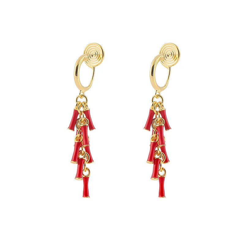 Vintage Red Firecracker Tassel Alloy Enamel Stud & Clip On No Piercing Chinese New Year Earrings