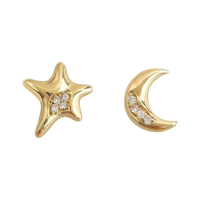 Original Asymmetric Star Moon Micro Pave Zircon Copper Stud Earrings For Women